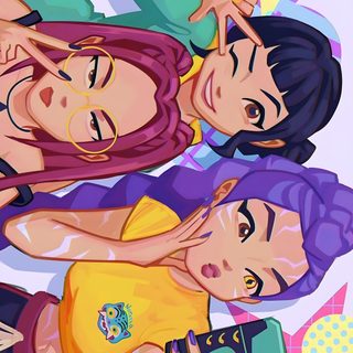 three people laying on top of each other in the middle of a cartoon style photo Kpdh Halloween Demon Hunter Band, Custom Cross, Jem And The Holograms, Christmas Decorations For The Home, tan