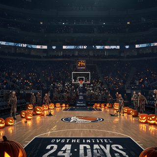 a basketball court with carved pumpkins on it and the moon in the sky above Halloween Nba Halloween Season, Halloween, Days Until Halloween, Nba Christmas, black