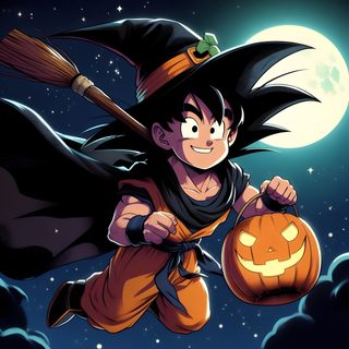 a cartoon character flying through the air with a pumpkin in his hand and a full moon behind him Dragon Ball Halloween Halloween Goku, Son Goku, Dragon Ball, Halloween, dark slate gray