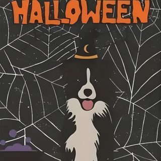 a happy halloween card with a border collie dog in front of a spider web Halloween Border Collie Halloween Background With Dog, Border Collie Halloween Background, Hollowshot Border Collies, dark slate gray