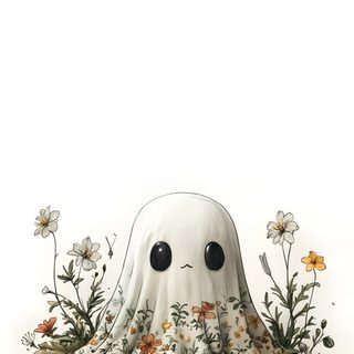 an illustration of a ghost reading a book with flowers and plants on it's head Aesthetic Halloween Flower Cute Ghost Background, Halloween Cute Iphone Aesthetic, Ghost Background, snow