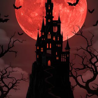a castle with bats flying over it in front of a full moon Red Halloween Gothic Castle Silhouette Night, Blood Moon Drawing, Halloween Mansion, dark slate gray