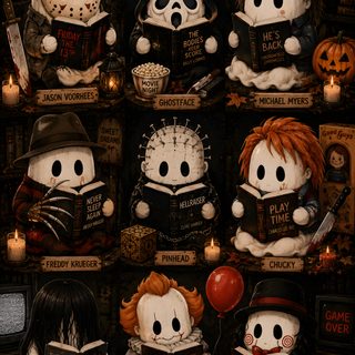 a bunch of stuffed animals sitting on top of a shelf with candles in front of them Iphone Halloween Book black