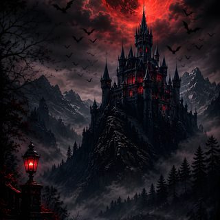 a castle in the middle of a lake with bats flying over it and a full moon Dark Fantasy Halloween black