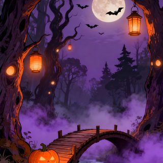 a bridge that has some pumpkins on it in front of the moon and trees Halloween Art dark slate gray