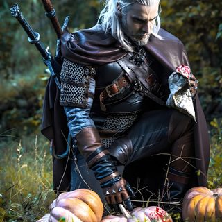 a man dressed up as the witch sitting on top of pumpkins in a field Witcher Geralt Halloween Wild Hunt Heathcliff Cosplay, Witcher Costume Men, Geralt Cosplay, dark slate gray