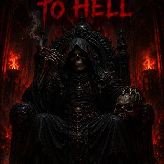 the poster for welcome to hell, featuring a skeleton sitting on a throne in front of a Grim Reaper Halloween Fantasy Demon, Grim Reaper Sitting On Throne, Dark Art Photography, black