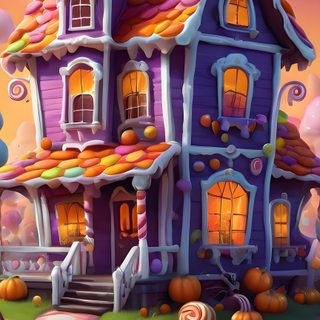 a painting of a halloween house with pumpkins and candy Halloween Candy House Fantasy Homes, dim gray