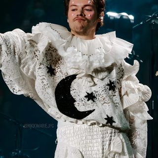 a man in a white dress standing on stage Harry Styles Halloween Harry Styles Clown, Harry Styles Pierrot, Harryween Shirt, dark slate gray