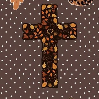 a cross, pumpkins and a teddy bear on a polka dot background with dots Cute Christian Halloween dark olive green