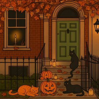 two cats sitting on the front steps of a house decorated with pumpkins and jack - o'- lanterns Halloween Desktop Halloween Computer Aesthetic, Laptop Halloween Aesthetic, Halloween Aesthetic Computer, saddle brown