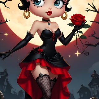 a cartoon girl dressed as a vampire holding a rose in front of a full moon Betty Boop Halloween Betty Boop Vampire, Betty Booo Halloween Costumes, Vintage Halloween Images, dark slate gray