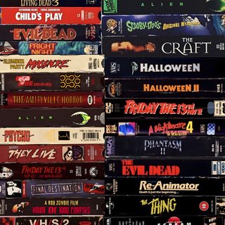 a large stack of movies stacked on top of each other in different colors and sizes Vhs Halloween Horror Vhs Art, Scary Movies From The 90s, Horror Movie Mood Board, dark slate gray