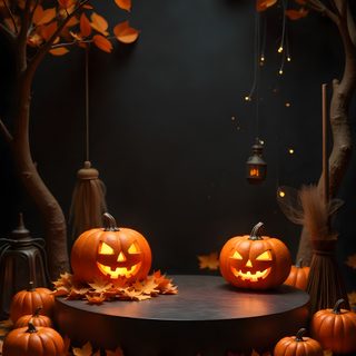 two carved pumpkins sitting on top of a table surrounded by fall leaves and candles Halloween Podium Halloween Photo Booth, Halloween Backdrop, Scenery Background, Digital Banner, black