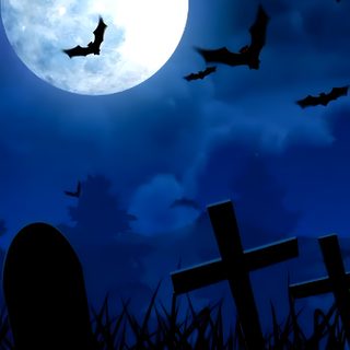 a cemetery with bats flying over it and the moon in the sky above them, Halloween Bats Moon Spooky Story Background Ideas, Halloween Story Background, Blue Halloween Background,