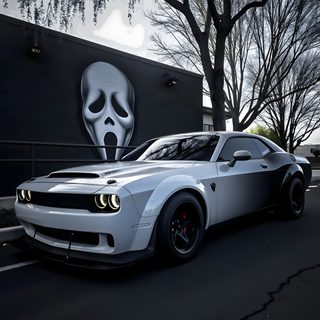 a white car parked in front of a building with a skull painted on it's side Halloween Hellcat White Dodge Challenger, Blacked Out Cars, Production Car Racing, black