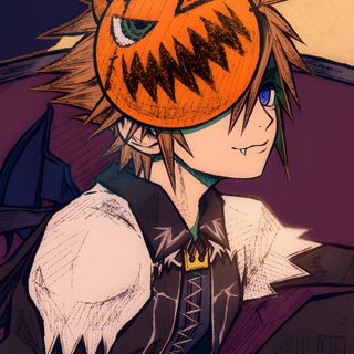 an anime character with a pumpkin on his head Sora Halloween Town 4k Halloween Sora Kingdom Hearts, Halloween Sora Pfp, Halloween Kingdom Hearts, dark slate gray