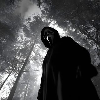 a man with a mask on standing in the woods holding a knife and looking up into the sky Halloween Iphone Aesthetic Black And White Creepy Iphone, Phone 4k Black, Cool Ghostface, dark slate gray