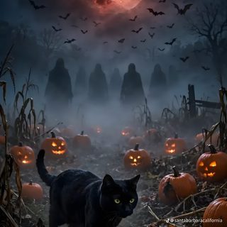a black cat walking through a field full of pumpkins with bats flying in the sky Creepy Black Cat Halloween dark slate gray