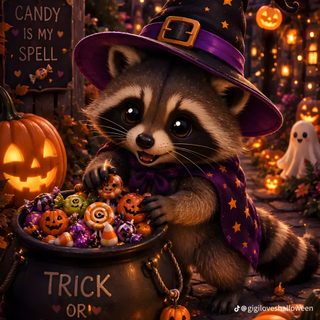 a raccoon wearing a witch hat and holding a caulder full of candy Halloween Raccoon black