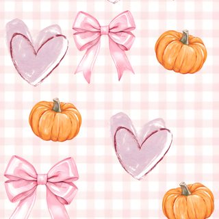 watercolor pumpkins with bows and hearts on a checkered tablecloth background for valentine's day Cute Halloween Heart Cute Fall Backgrounds Bow, Halloween, seashell