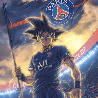 an anime character holding a flag in front of a stadium filled with people and fans Football Halloween Psg dim gray