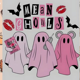 three ghost stickers with the words mean ghouls on them, surrounded by pumpkins and books Cute Halloween Mean Girls Cute, silver