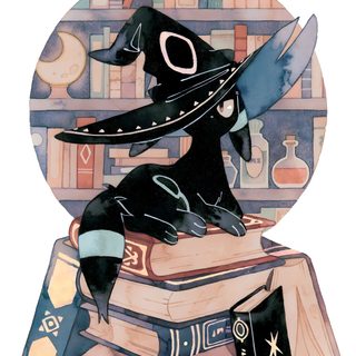 a black dog sitting on top of a pile of books next to a book shelf Halloween Umbreon Pikachu Witch, Dark Academia Pokemon, Cute Goth Pokemon, Mimikyu Illustration, tan
