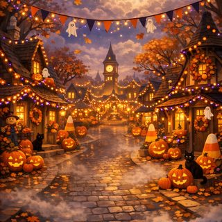 a painting of a halloween scene with pumpkins and lights on the street in front of a clock tower Halloweentown Aesthetic saddle brown