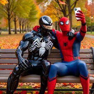 two spider - man sit on a park bench in the fall Marvel Halloween Iphone Pikachu Iphone, Spider Illustration, Pikachu, Film Life, Brick Exterior House, sienna