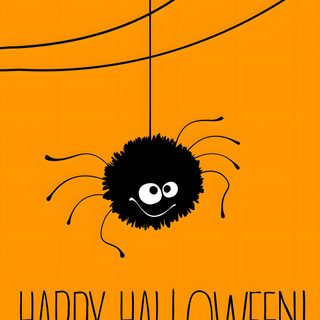 a happy halloween card with a spider hanging from the ceiling Cute Halloween Spider dark orange