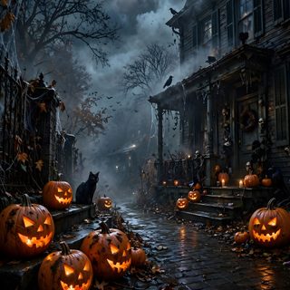 halloween pumpkins on the ground in front of an old house with a full moon Real Halloween black