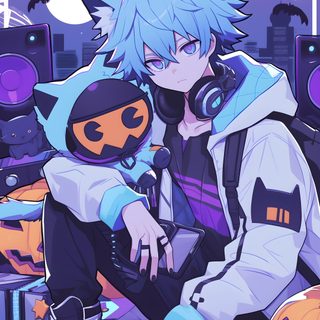 an anime character with headphones sitting in front of a microphone and pumpkins on the ground Halloween Anime Boy Anime Cat With Headphones, Anime Cat Astronaut Drawing, Anime Space Cat, slate blue