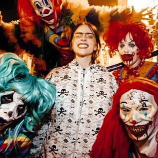a group of clowns standing next to each other Billie Eilish Halloween Finneas Halloween Costume, saddle brown