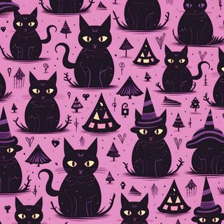 many black cats wearing witches hats and sitting in front of a purple background with trees Feline Halloween - Black On Lavender Halloween Purple Cats Custom, gray