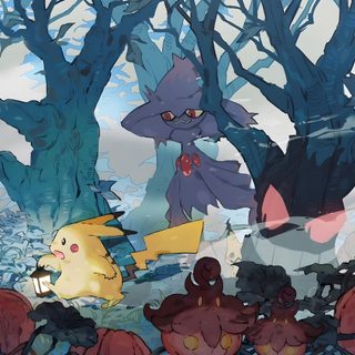 an image of pokemon in the woods with many different types of characters around them and trees Pokemon Halloween Desktop Mimikyu Pc, Pokemon Halloween Computer, Ghost Pokemon, Pokemon Binder, dim gray