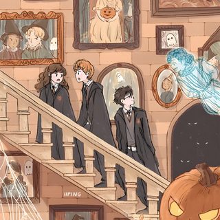 there are many people walking up the stairs with pumpkins in front of them on halloween day Harry Potter Halloween Iphone Harry Potter Background, Harry Potter Illustrations, Potter Art, rosy brown