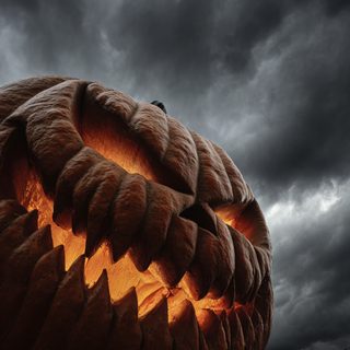 a large carved pumpkin sitting on top of a pile of hay under a cloudy sky Ios 26 Depth Effect Halloween Scary Halloween Iphone, Spooky Halloween Pumpkin, Scary Pumpkin Pictures, dark slate gray