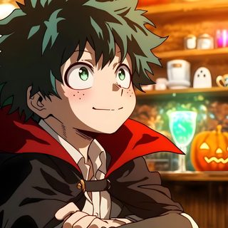 an anime character sitting at a table with a lit candle in front of him and looking to the side Izuku Midoriya Izuku Midoriya Halloween My Hero Academia Cosplay, Izuku Midoriya, My Hero Academia, saddle brown