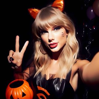 a woman in black dress holding up a peace sign and an orange pumpkin with cat ears on her head Halloween Taylor Swift Taylor Swift Halloween, Halloween Taylor Swift, Catwoman, black