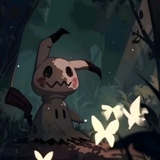 an animated rabbit sitting in the middle of a forest with butterflies flying around it's feet Halloween Mimikyu Cartoon Character With Butterflies, Cute Spooky Character Art, Dark Forest Animation, black