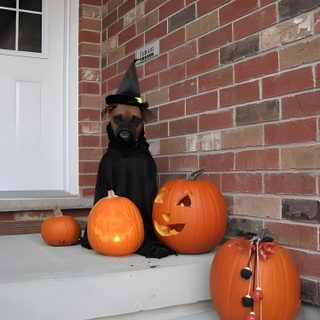 a dog dressed up as a witch sitting on steps with pumpkins in front of it Halloween Boxer Dog Boxer Pumpkin Carving, Boxer Dog Fall Background, Halloween Boxer Dog Skeleton, dim gray