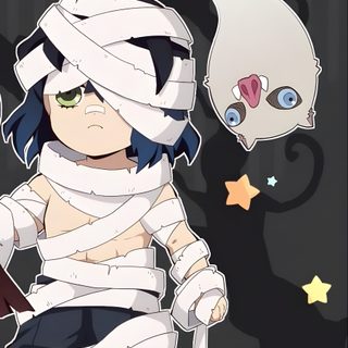 an anime character with bandages wrapped around his head, sitting in front of a skull Inosuke Halloween Halloween, Drawings, dark slate gray