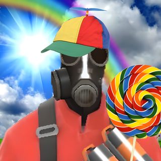 a man wearing a gas mask holding a lollipop in front of a rainbow Tf2 Halloween gray