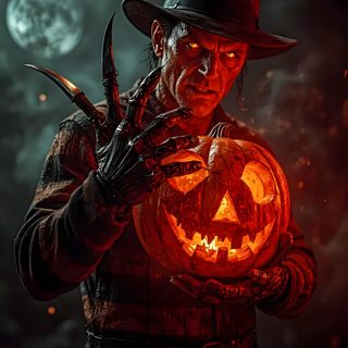 a man in a hat holding a jack - o'- lantern with his hands Scary Halloween Characters black