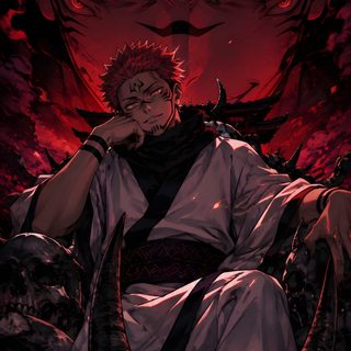 an anime character sitting in front of a demon Sukuna Halloween black