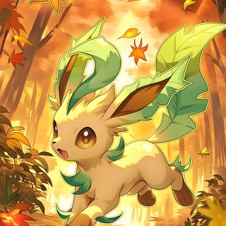 a cartoon pokemon running through leaves in the forest with autumn colors on it's ground Leafeon Halloween Givrali, Pokemon Picture, Art Pokemon, Pokémon Characters, Shiny Eevee, peru