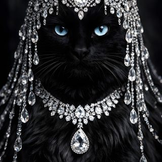 a black cat wearing a tiara with jewels on it's head and eyes Black Cat Diamonds For Halloween In Black Diamond Cat, Black Cat Princess, Black Cat Queen,