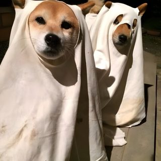 two dogs wrapped in blankets on the ground Shiba Inu Halloween Doge Costume, Ghost Shiba, Shiba Inu Halloween, Ghost Doge, Dog Ghost Costume Meme, gray