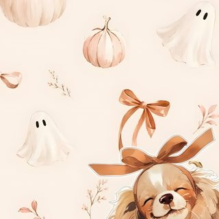 a dog with a bow on it's head sitting in front of halloween decorations Cute Dog Halloween linen